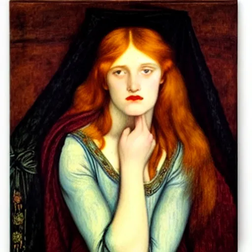 Image similar to The Sorrowful Qween Gwyneth by Dante Gabriel Rossetti, oil on canvas, realist quality