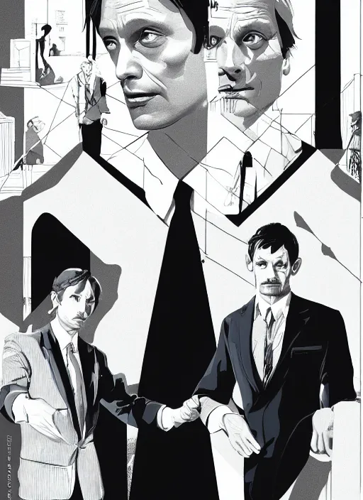 Image similar to Twin Peaks portrait of Mads Mikkelsen and Hugh Dancy holding hands romantically as they chaperone school dance by Michael Whelan, Bob Larkin and Tomer Hanuka, simple illustration, domestic, nostalgic, clean, Matte painting, trending on artstation and unreal engine, New Yorker magazine cover, 1980s romance book cover