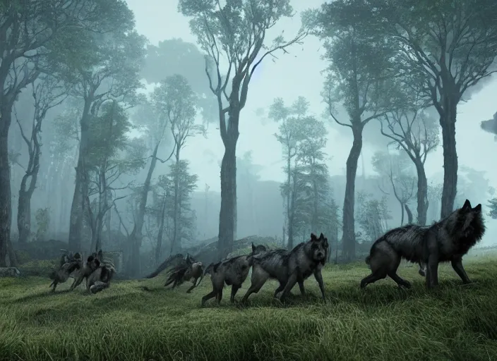 Prompt: a pack of giant wolfs walk through the ruins of a viking village, horror, dramatic lighting, dawn, by caspar david friedrich, unreal engine 5