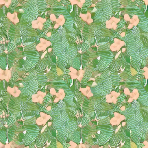 Prompt: repeating fabric pattern, minimalistic, miniature tiny peach color flowers, green vines and leaves