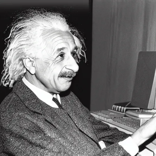 Image similar to vintage photo of albert einstein playing roblox, roblox shown on the computer, einstein pointing at the computer, circa 1 6 0 0, award - winning shot