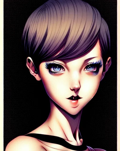 Prompt: portrait of an attractive young woman with amazing short hair wearing a short tight black dress think about the galaxy, art by Range Murata and Artgerm.