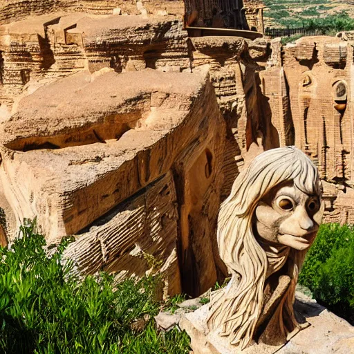 Image similar to a goblin with blonde long hair visiting Valle dei Templi, Agrigento, Italy