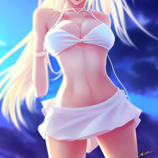 Image similar to tiny father a tall daughter picture : a very beautiful young blond anime girl, sky blue eyes, bikini, white miniskirt, highly detailed, cinematic wallpaper by stanley artgerm lau