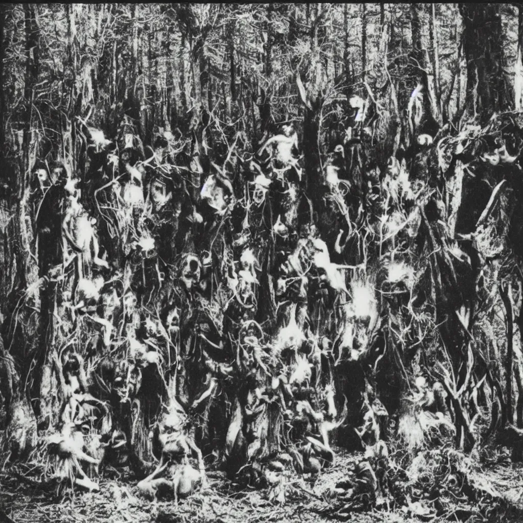 Prompt: polaroid of a black ritual in the forest, pagan, occult witches