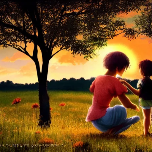 Image similar to A mother with her two children in a meadow, with a beautiful sunset in the background, mother and child, heartwarming, natural lighting, soft lighting, 4K, by Hayao Miyazaki, Studio Ghibli