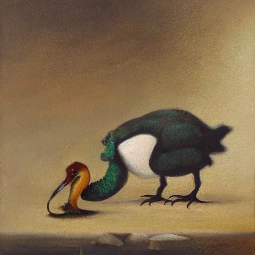 Prompt: a dodo eating a lizard, oil painting