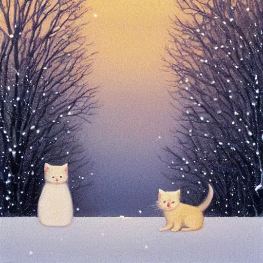 Image similar to a cute little white cat in winter wonderland, artwork of quint buchholz