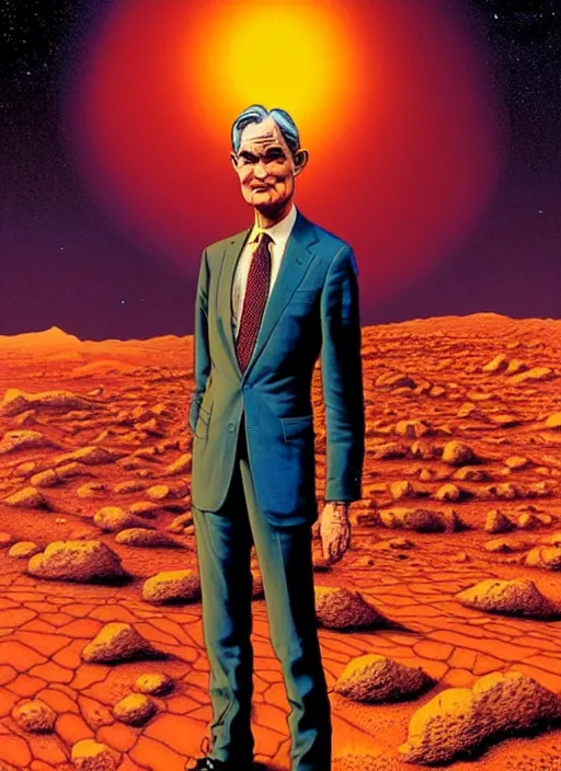 Prompt: detailed image of Jerome Powell on Mars, by richard corben, rich deep colors. masterpiece . intricate artwork, very coherent symmetrical artwork, cinematic, hyper realism, high detail, octane render, unreal engine, 8k, Vibrant colors, Smooth gradients, High contrast, depth of field. by Katsuhiro Otomo, full body character drawing, inspired by Evangeleon, clean ink detailed line drawing, intricate detail, extremely detailed.