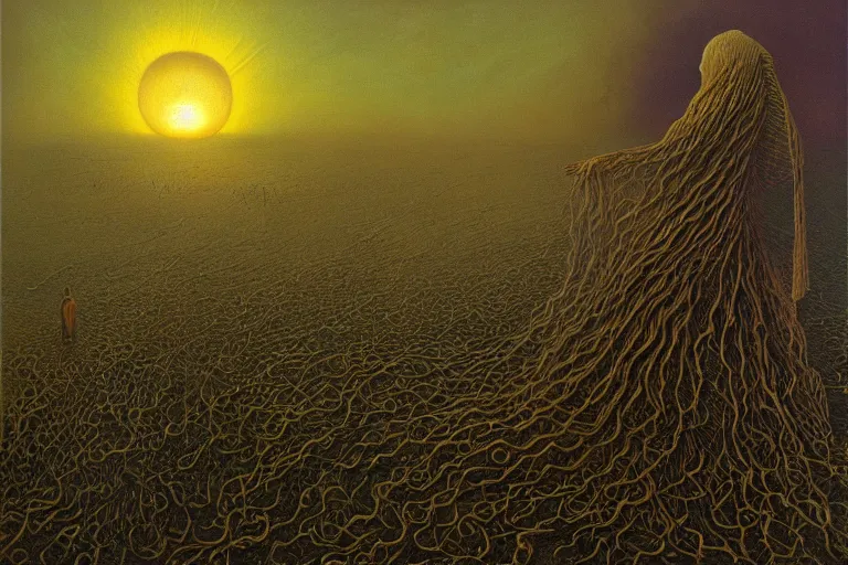 Image similar to The queen of the sun by Zdzislaw Beksinski, Jeffrey Smith and H.R. Giger, oil on canvas, 8k highly professionally detailed, trending on artstation