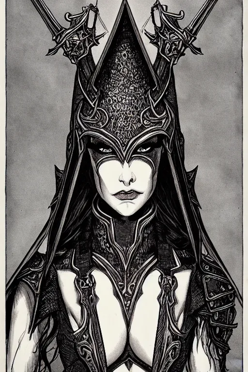 Image similar to head and shoulders portrait of an eldritch knight, drow, dark elf, shadar kai, female, breastplate, magical, high fantasy, d & d, by beardsley, face details, extremely detailed, vogue fashion photo