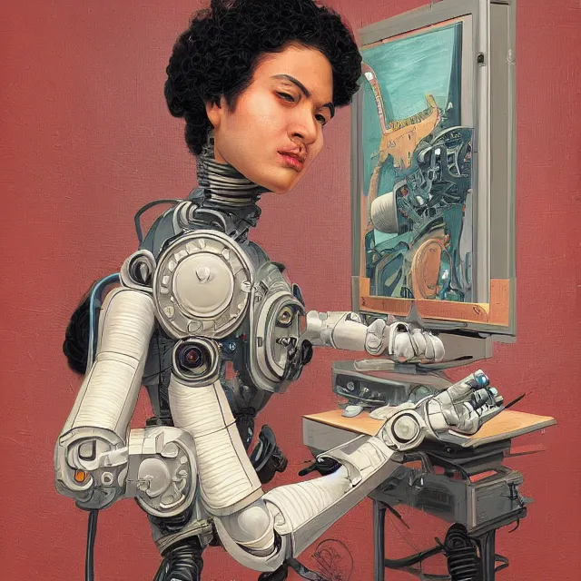 Prompt: robot artist painting a self - portrait on a canvas. intricate, highly detailed, digital matte painting, in the style of alexandros pyromallis, and in the style of sachin teng, and in the style of hans thoma, and in the style of gerald brom. irony, recursion, inspiration.