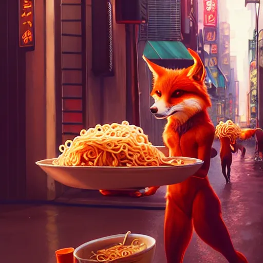 Image similar to splash art of cute female anthropomorphic vulpes vulpes fulva eating ramen noodles by a stand in the crowded street of a cyberpunk city : by weta, greg rutkowski, wlop, ilya kuvshinov, rossdraws, artgerm, octane render, liosh, mucha