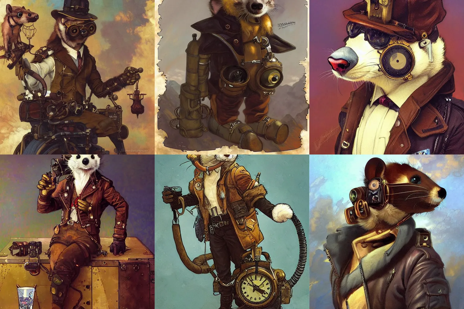 Prompt: furry anthropomorphic ferret steampunk aviator. Renowned character illustration by greg rutkowski, thomas kindkade, alphonse mucha, loish, norman rockwell. Trending on furaffinity.