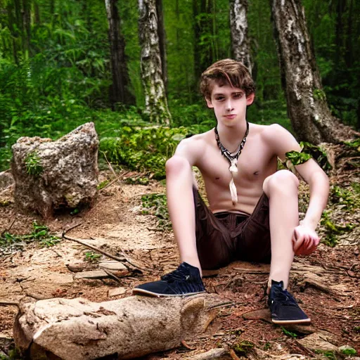 Image similar to a teenage boy, around 1 9 yo. iron necklace. natural brown hair. loincloth, pale skin. detailed face. sitting on a rock. ominous and eerie looking forest in background. natural colors. hyperrealistic photo.