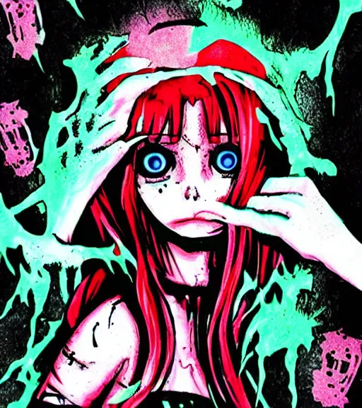 Image similar to horror acid colors, a dark picture comic featuring blood horror and goth anime girls, anime vampires, evil horror vibes