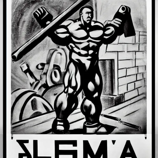 Image similar to propaganda poster of an incredibly muscular man with a sledgehammer cuddling with a machine robot, sketch, monochrome, bela uitz