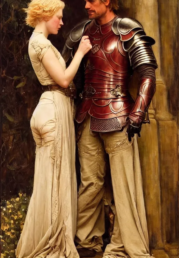 Image similar to attractive handsome fully clothed jaime lannister confesses his love for attractive fully armored brienne of tarth. wow! romance!! highly detailed painting by gaston bussiere and j. c. leyendecker 8 k