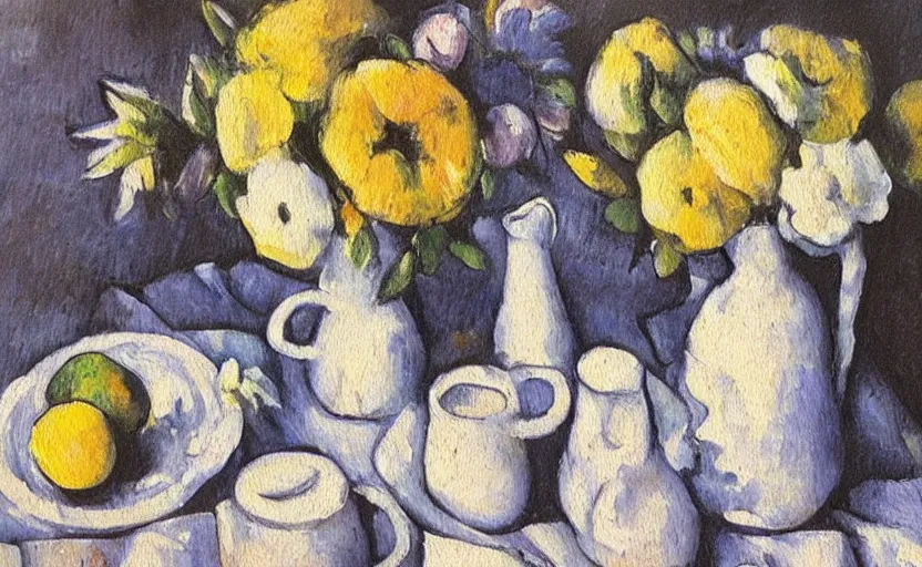 Prompt: an oil painting on paper of a still life, with a white mug, white wine bottle, wine glass, on a table, jug of flowers. in the style of cezanne, similar aesthetics to picasso.