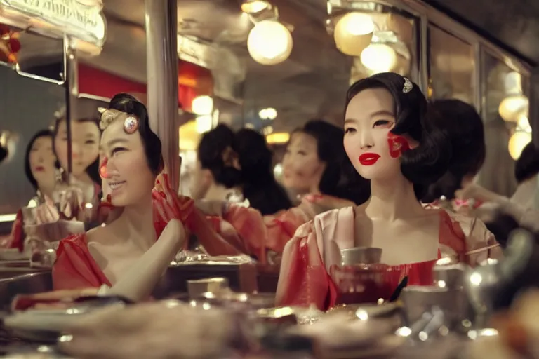 Prompt: movie interior closeup beautiful Chinese fashion model team closeup joking at 50s diner, night in the city, beautiful skin, by Emmanuel Lubezki