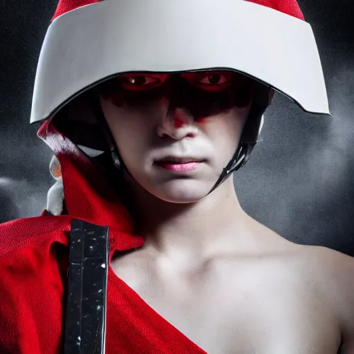 Image similar to a young female soldier with soot stained face, no makeup, in glossy sleek white bloodstained dinged scuffed armor , long torn red cape, heroic posture, determined expression, no helmet, on the surface of mars, dramatic lighting, cinematic, sci-fi, hyperrealistic, detailed