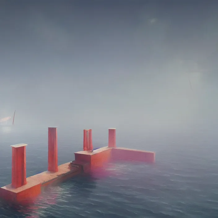 Image similar to a beautiful painting of a torii at sea by simon stalenhag and zdzisław beksinski and rene magritte and greg rutkowski, in style of digital art. hyper detailed, sharp focus, soft light. unreal engine 5. ray tracing. trending on artstation