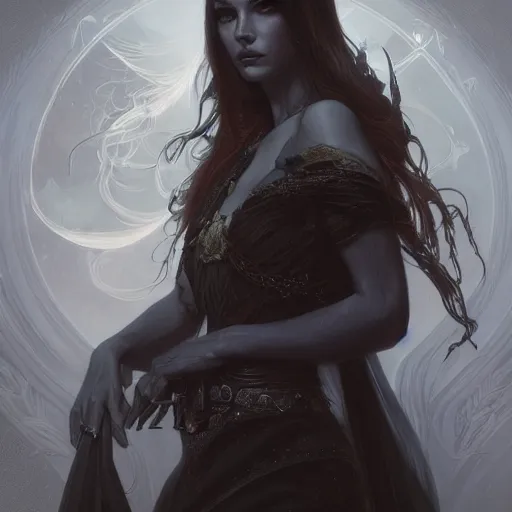 Image similar to photograpic portrait of a pretty dark sorceress, fantasy, ominous, intricate, elegant, highly detailed, digital painting, artstation, concept art, smooth, sharp focus, illustration, art by artgerm and greg rutkowski and alphonse mucha