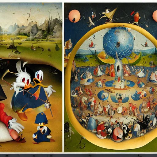 Image similar to donald duck in the garden of earthly delights by hieronymus bosch, hyper detailed, photorealistic, trending on artstation, rule of thirds, super sharp, crispy.