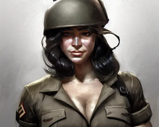 Image similar to portrait of a muscular female ww ii soldier in team fortress 2 style, epic, tragic, dark fantasy art, fantasy, pretty, hd shot, digital portrait, beautiful, artstation, comic style, by artgerm, guy denning, jakub rozalski, magali villeneuve and charlie bowater