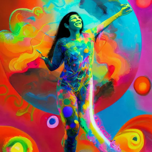 Prompt: A colorful painting of a joyful artist playing with her creativity in the infinite loving universe by Brenda Zlamany and Craig Wylie, Trending on artstation.