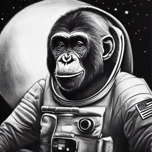 Prompt: pencil art, realistic self portrait, astronaut with a chimpanzee.