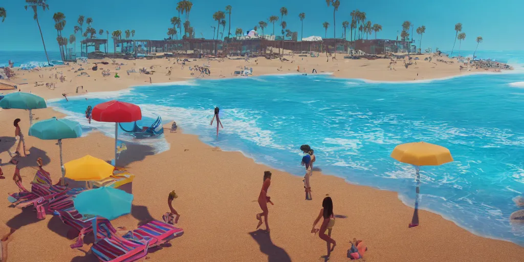 Prompt: a film still of a sunny and colourful beach scene in santa monica, los angelos by wes anderson, wide shot, sharp, rendered in unreal engine 5, bloom, dramatic lighting