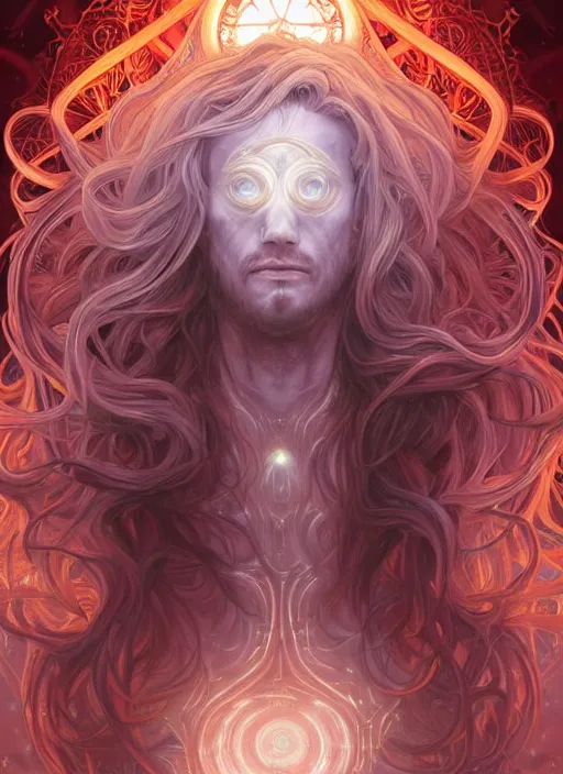 Image similar to cthonic resonance, red and white glowing fractals, genetically augmented pale white young man with long fluffy blond curly hair, fantasy, extremely detailed, digital painting, artstation, concept art, smooth, sharp focus, illustration, stunning lighting, art by artgerm and greg rutkowski and alphonse mucha and simon stalenhag, realistic character concept, high fantasy, dark atmosphere, golden ratio, cinematic lighting, hyperdetailed, high resolution, insanely detailed and intricate, artstation, Marc Simonetti, Greg Rutkowski, 8k