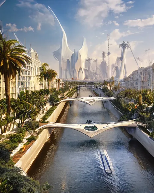 Prompt: heavenly utopian metropolis, canals, bridges, white marble buildings, tropical, palm trees, by zaha hadid, marc simonetti, and ivan shishkin, high quality exterior photography, cinematic lighting