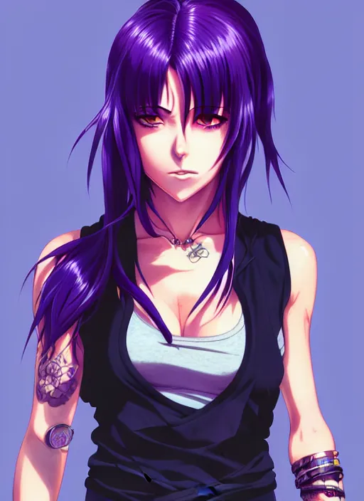 Prompt: revy black lagoon, purple hair, black tank top, jean shorts, tribal sleeve left arm, portrait shinkai makoto, studio ghibli, studio key, hideaki anno sakimichan stanley, artgerm, lau rossdraws james jean marc simonetti pixiv