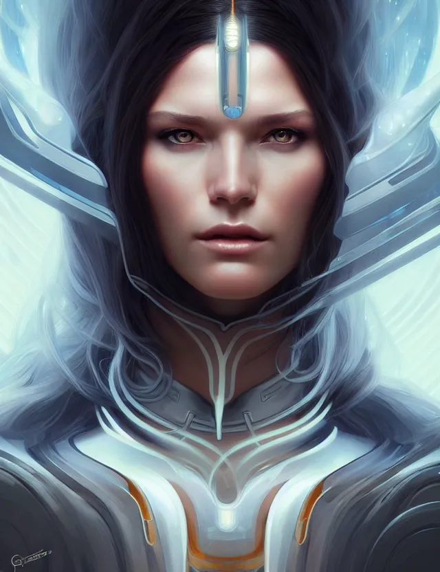 Image similar to futuristic woman portrait, sci-fi, amber eyes, face, long hair, fantasy, intricate, elegant, highly detailed, digital painting, artstation, concept art, smooth, sharp focus, illustration, art by artgerm and greg rutkowski and alphonse mucha