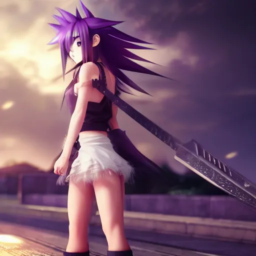 Image similar to beautiful anime girl in the style of final fantasy 7 with purple eyes, wearing a skirt and tanktop, perfect body, standing in the rain, high quality anime art, trending on artstation, 8K octane render, wallpaper