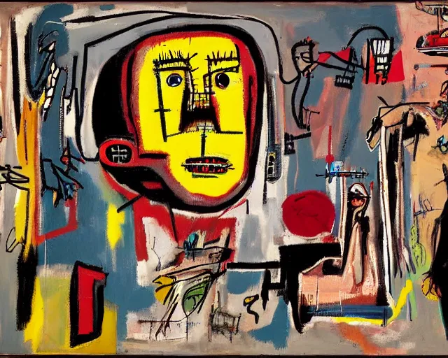 Prompt: painting of a cyborg questioning his reality by graham sutherland, basquiat, neo - expressionism