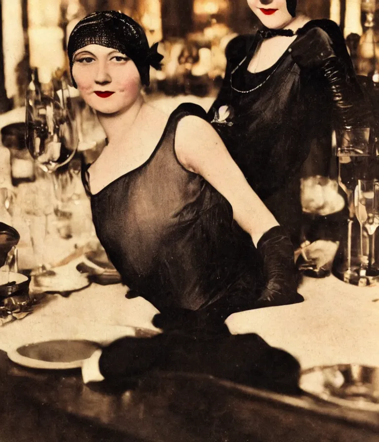 Prompt: close - up antique grainy colored photo of a 1 9 2 0 s short - haired flapper woman in black satin gloves sitting at a table and smirking seductively at the camera. in the background there is a crowded party in a dimly lit speakeasy lounge, jazz age, cohesive, 5 0 mm photography, precise, cinematic, low - lighting, photography