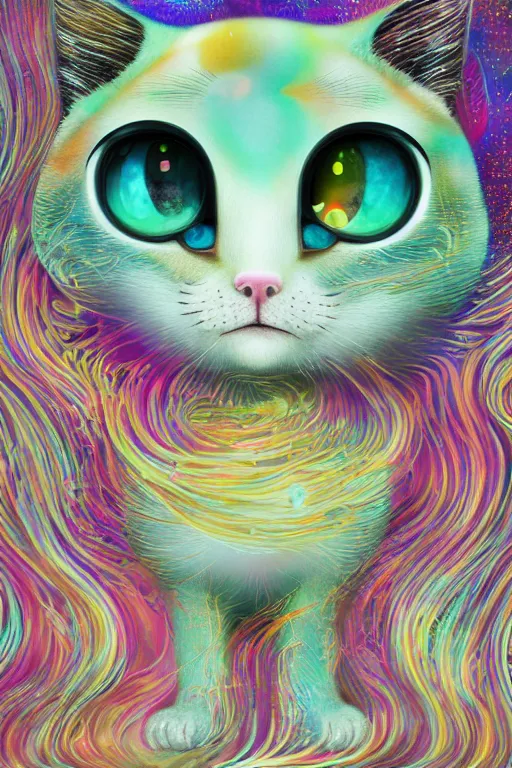 Image similar to Recursive image with a well rounded Calico feline, large eyes, shiny soft fur, anatomically correct, surrounded by swirling wisps of jelly, oil pastels and gold, anime, cartoon, in the style of Victo Ngai, modeled in Poser, Redshift render, UHD