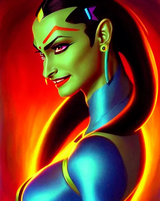 Image similar to symmetra from overwatch, fantasy, fantasy art, fantasy, colorful, elegant, character portrait, portrait, close up, highly detailed, intricate detail, amazing detail, sharp focus, vintage fantasy art, vintage sci - fi art, radiant light, caustics, by boris vallejo