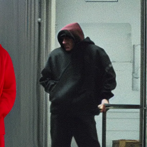 Image similar to grainy film still of niko bellic and a man wearing a red hoodie and a plastic clown mask from the dark knight returns's bank robbery scene, photorealistic