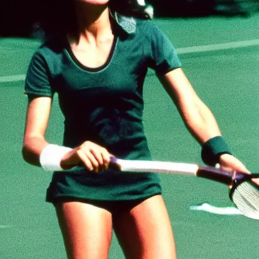 Prompt: a medium full shot, german and eastern european mixture polaroid photograph depicting a woman with dark brown skin, long, swirling black hair, and jade colored eyes, playing tennis. she is wearing wearing a classicist outfit in 1 9 8 2.