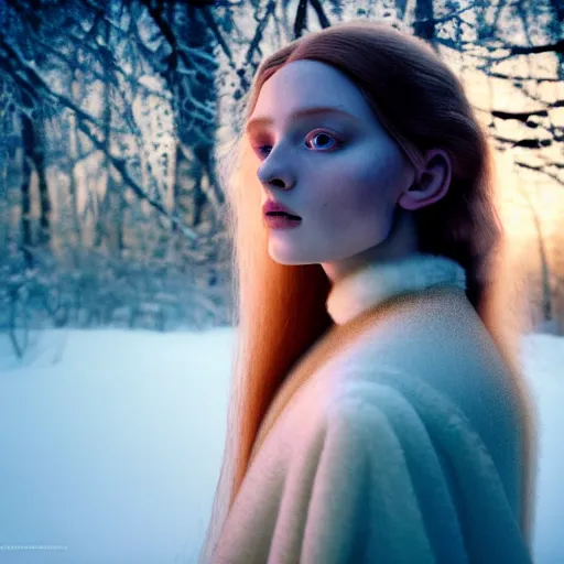 Image similar to photographic portrait of a stunningly beautiful english renaissance female in soft dreamy light at sunset, frozen forest, soft focus, contemporary fashion shoot, in a denis villeneuve and tim burton movie, by edward robert hughes, annie leibovitz and steve mccurry, david lazar, jimmy nelsson, extremely detailed, breathtaking, hyperrealistic, perfect face, octane render