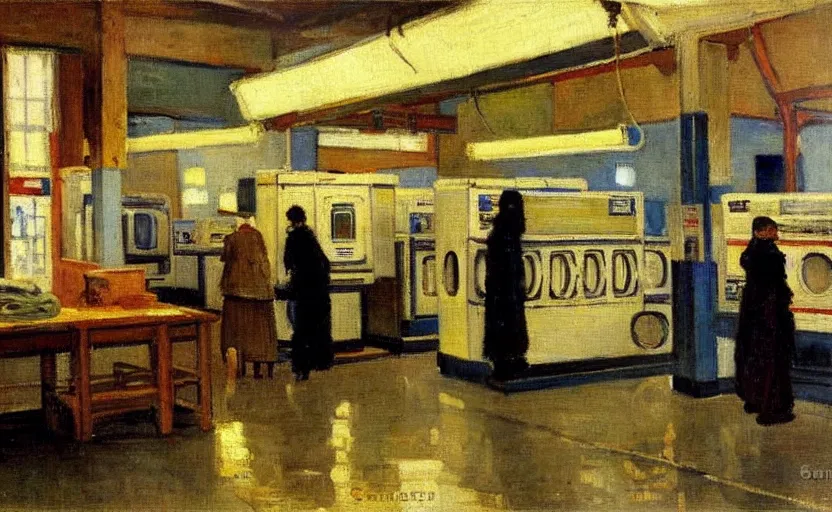 Image similar to interior of a modern laundromat at night, stanhope forbes, impressionist painting