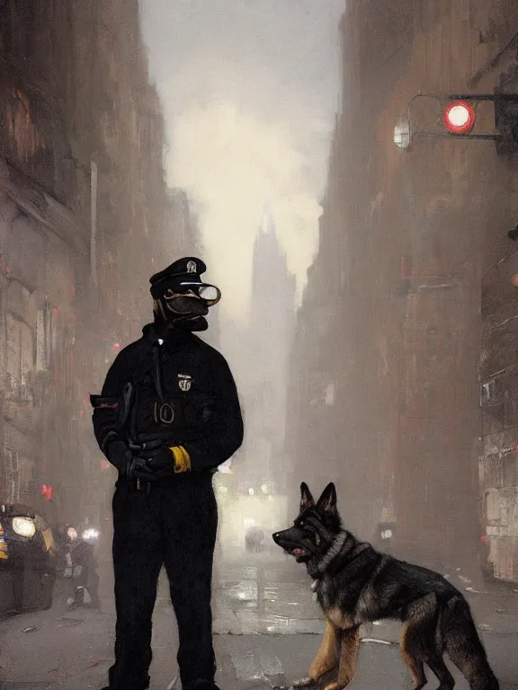 Prompt: new york city portrait of furry anthro anthropomorphic german shepard head animal person fursona wearing clothes nypd traditional police uniform in the alley, dark moody night nighttime, digital art by Nerdrum John, William Waterhouse, Winslow Homer, Alex Heywood, Jordan Grimmer, Darren Quach, Greg Rutkowski, Simon Stalenhag, trending on Artstation, CGSociety