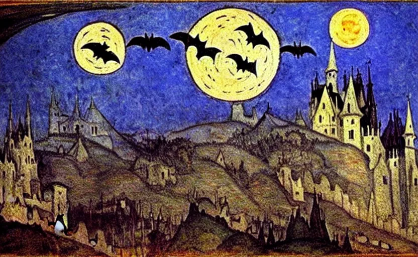 Prompt: medieval painting by mikhail vrubel, full moon, french gothic burning! castle, bats flying away from castle, blur, bokeh,