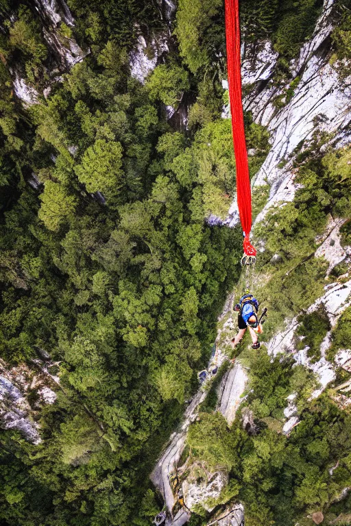 Image similar to bungee jump of a tiger suspended by a large parachute jumping from a mountain cliff, wide angles lens