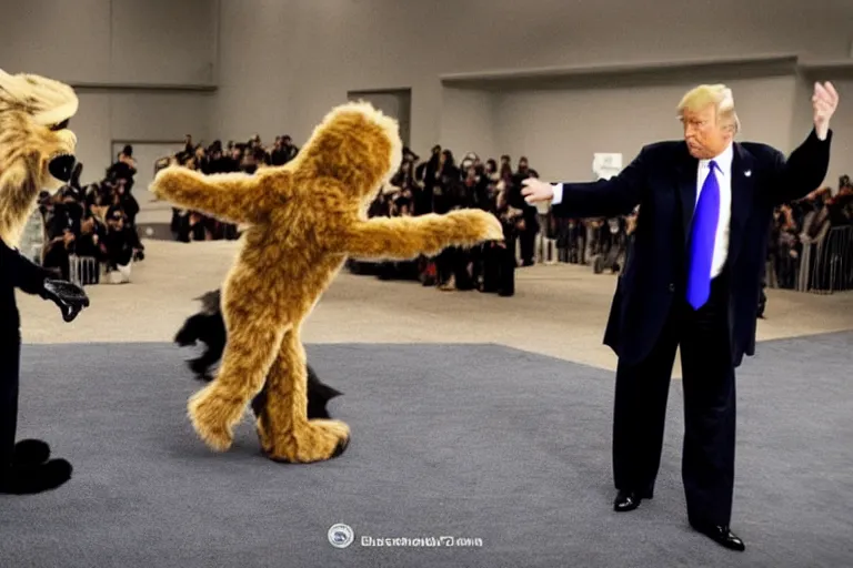 Prompt: “Barack Obama and Donald Trump fighting in fur suits at a furry convention, ultra realistic, highly detailed, award winning photo, ambient lighting”