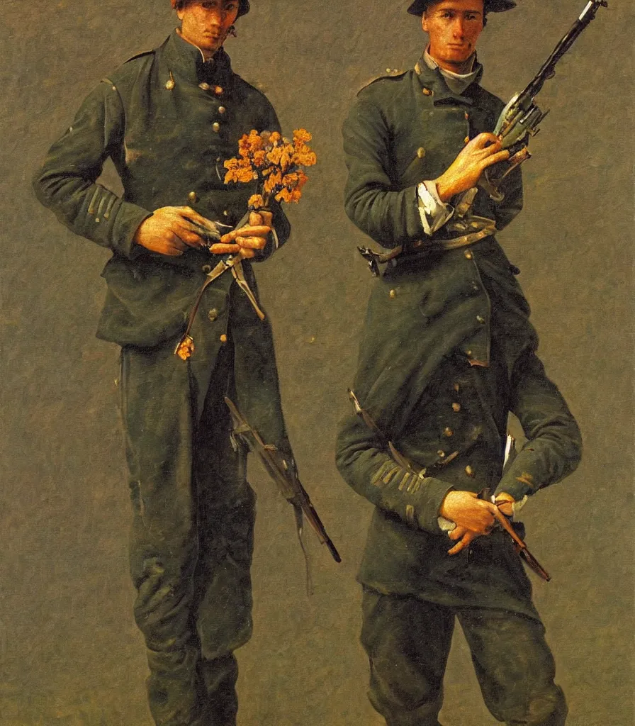 Image similar to an impasto oil painting of a soldier holding a flower instead of a gun painted by caspar david friedrich, high detail